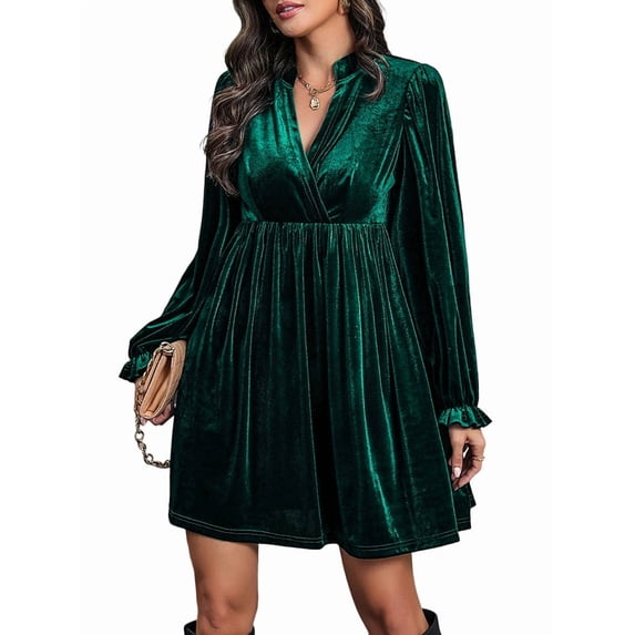 Women Elegant Retro Short Loose V-Neck Long Sleeve Velvet Solid Color Dress Fall Winter Fashion Clothing Dark Green XL