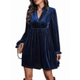 thumbnail image 1 of Women Elegant Retro Short Loose V-Neck Long Sleeve Velvet Solid Color Dress Fall Winter Fashion Clothing Navy Blue L, 1 of 9