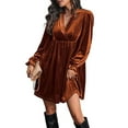 thumbnail image 1 of Women Elegant Retro Short Loose V-Neck Long Sleeve Velvet Solid Color Dress Fall Winter Fashion Clothing Orange M, 1 of 9