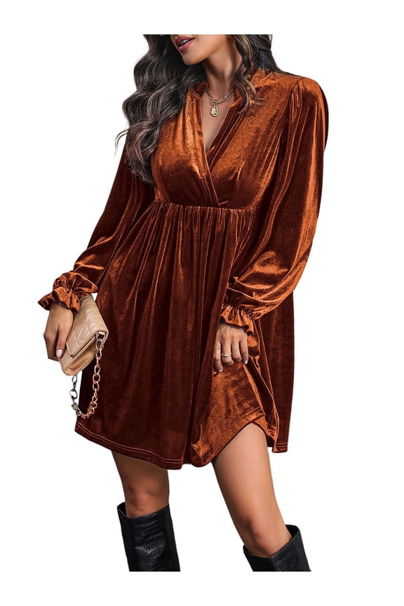 Women Elegant Retro Short Loose V-Neck Long Sleeve Velvet Solid Color Dress Fall Winter Fashion Clothing Orange M