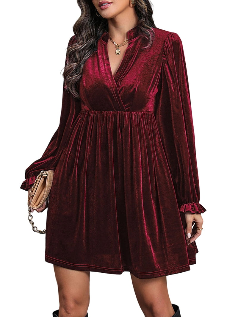 Women Elegant Retro Short Loose V-Neck Long Sleeve Velvet Solid Color Dress  Fall Winter Fashion Clothing Wine Red M - Walmart.com