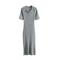 thumbnail image 1 of Women Elegant Ribbed Knit Bodycon Long Dress Slim Fit Short Sleeve V Neck Sweater Dress, 1 of 4