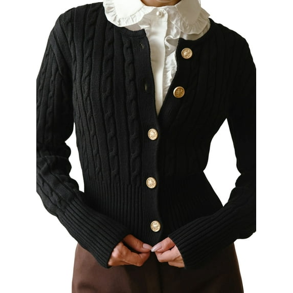 Women Elegant Round Neck Long Sleeve Button Down Cropped Knitted Cardigan Fall Slim Fit Sweaters Tops Black L
