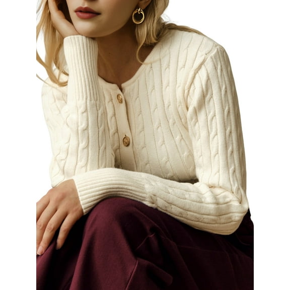 Women Elegant Round Neck Long Sleeve Button Down Cropped Knitted Cardigan Fall Slim Fit Sweaters Tops White S