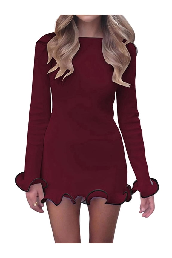 Prettady Women Elegant Ruffle Hem Knit Long Sleeve Contrast Color Patchwork Bodycon Short Sweater Dress Fall Wine Red S