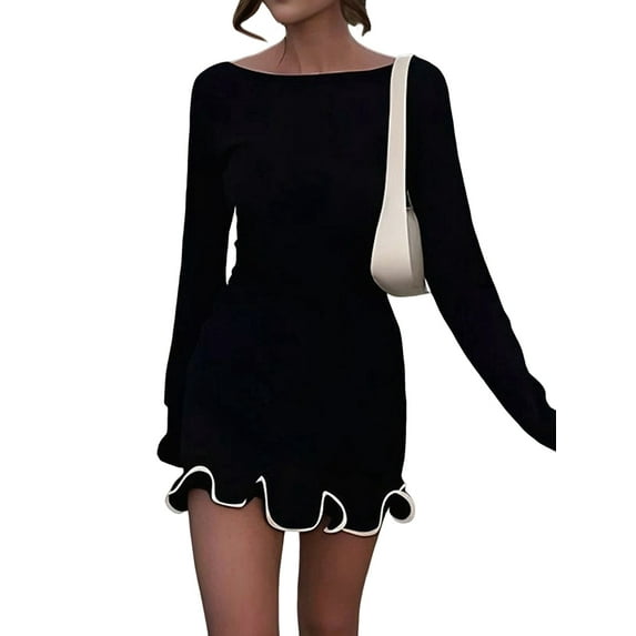 Women Elegant Ruffle Hem Knit Mini Dress Long Sleeve Contrast Color Patchwork Bodycon Short Sweater Dress Fall Black XS