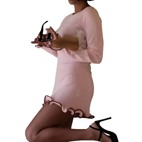 Women Elegant Ruffle Hem Knit Mini Dress Long Sleeve Contrast Color Patchwork Bodycon Short Sweater Dress Fall Pink M