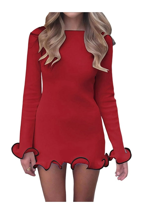 Women Elegant Ruffle Hem Knit Mini Dress Long Sleeve Contrast Color Patchwork Bodycon Short Sweater Dress Fall Red M