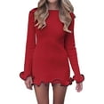 thumbnail image 1 of Women Elegant Ruffle Hem Knit Mini Dress Long Sleeve Contrast Color Patchwork Bodycon Short Sweater Dress Fall Red XS, 1 of 6