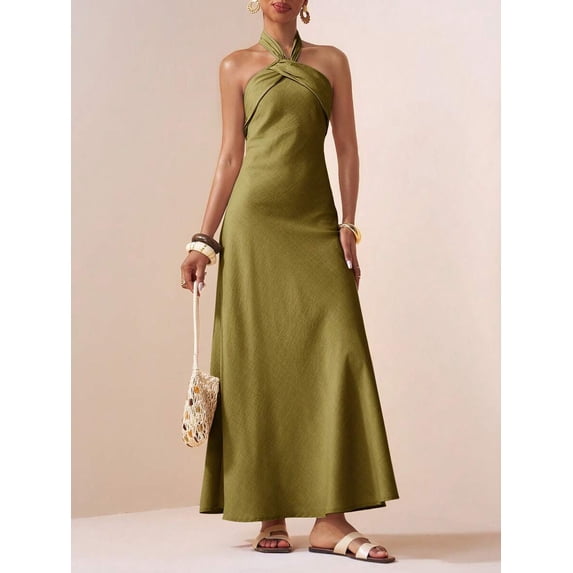 Women Elegant Satin Halter Maxi Dress Green