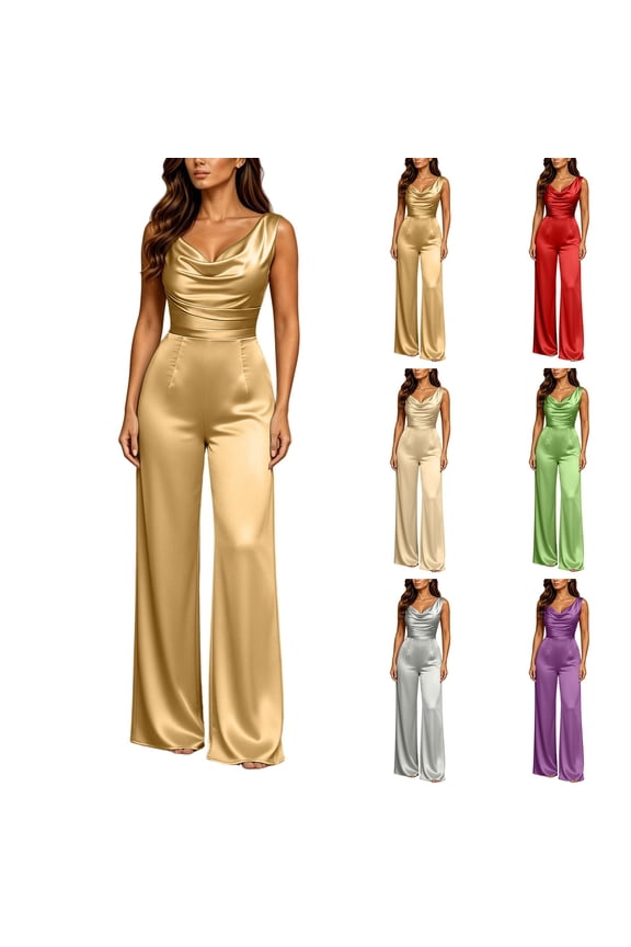 Women Elegant Satin One Piece Jumpsuit Fashion Slimming Sleeveless Cowl Neck Wide Leg Jumpsuit For Cocktail Wedding Evening Party