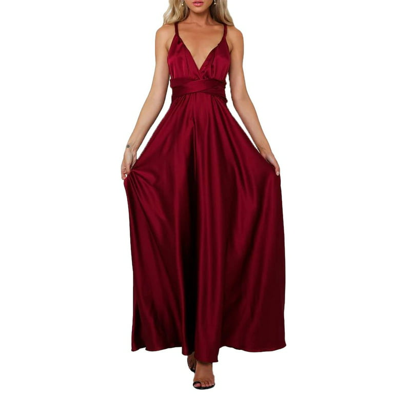Women Elegant Satin V-Neck Evening Multi Way Wrap Ball Gown Formal Maxi  Dress 