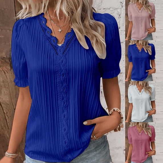 Women Elegant Short Sleeve Plus Size Puff Sleeve Hollow V Neck Tunic Blouse Evening Top