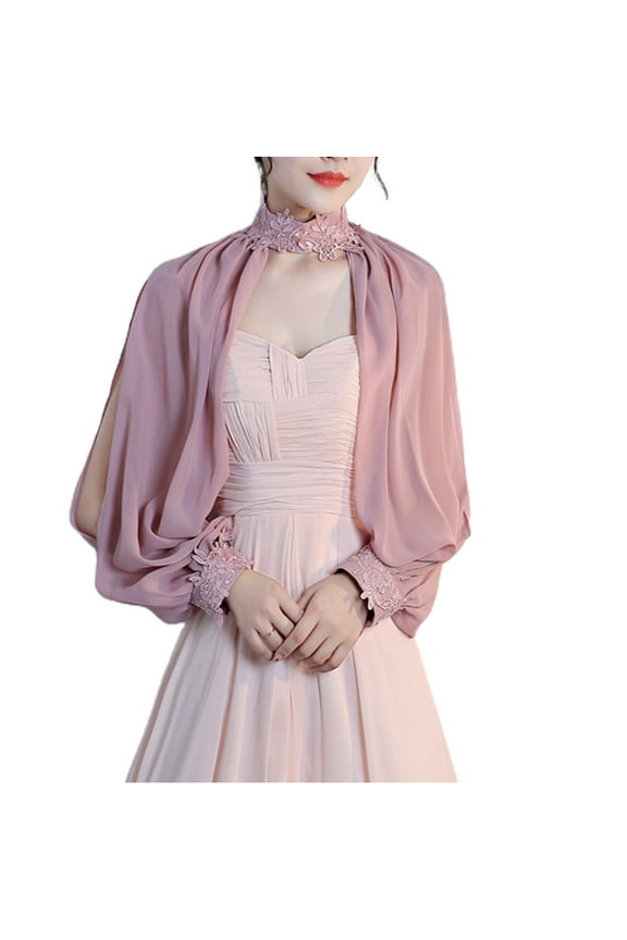 Women Elegant Side Split Long Sleeve Wedding Shawl Cape Halter Neck Chiffon Shrug Capelet Open Front Backless Floral Lace Bridal Jacket Bolero