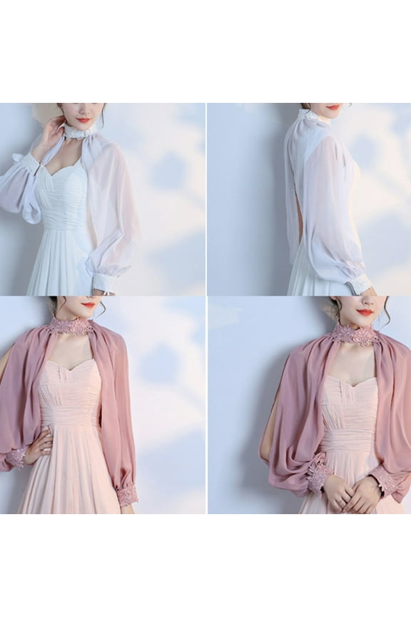 Women Elegant Side Split Long Sleeve Wedding Shawl Cape Halter Neck Chiffon Shrug Capelet Open Front Backless Floral Lace Bridal Jacket Bolero