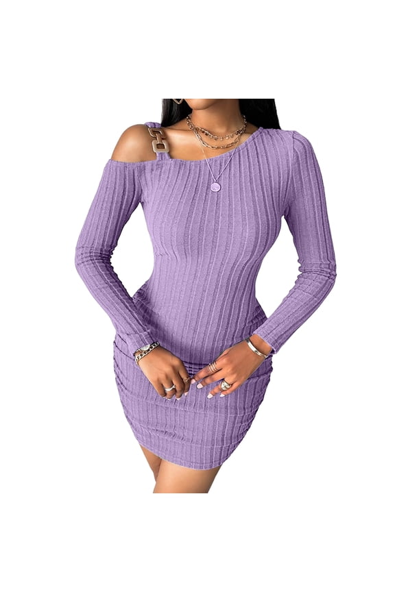 Women Elegant Solid Dresses Sexy Off-shoulder Slope Neck Long-Sleeved Hip Dress Fashionable Autumn Winter Tight Fitting Dress Luxurious Women's Evening Dresses Slim Party Dresses Female