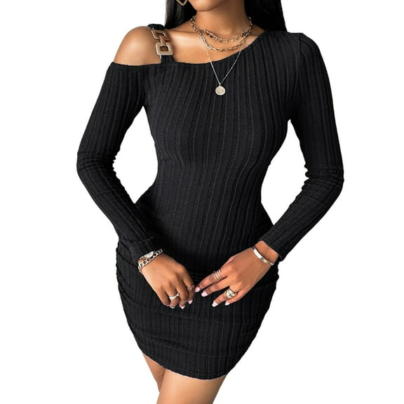 Women Elegant Solid Dresses Sexy Off-shoulder Slope Neck Long-Sleeved Hip Dress Fashionable Autumn Winter Tight Fitting Dress Luxurious Women's Evening Dresses Slim Party Dresses Female