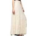 thumbnail image 1 of Women Elegant Solid Hollow Floral Lace Smocked High Waist Flowy A Line Swing Maxi Long Skirt Cream White L, 1 of 5