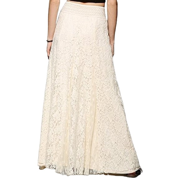 Women Elegant Solid Hollow Floral Lace Smocked High Waist Flowy A Line Swing Maxi Long Skirt Cream White XXXL