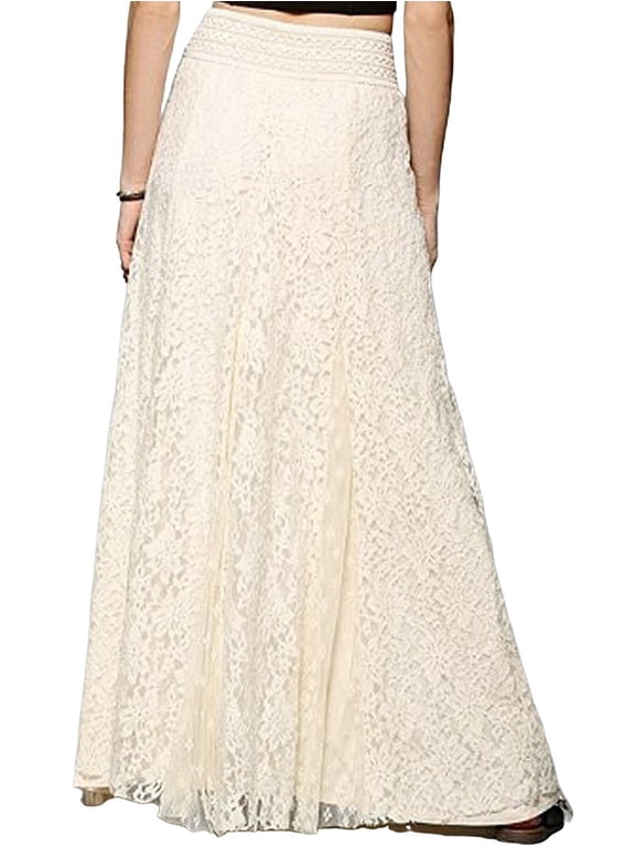Women Elegant Solid Hollow Floral Lace Smocked High Waist Flowy A Line Swing Maxi Long Skirt Cream White XXXL