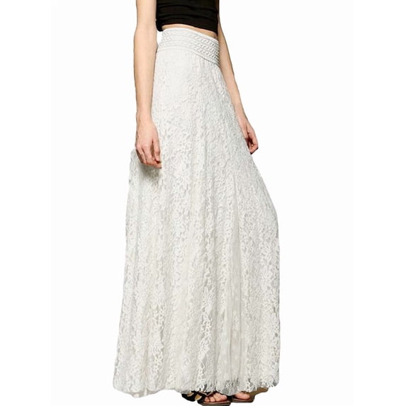 Women Elegant Solid Hollow Floral Lace Smocked High Waist Flowy A Line Swing Maxi Long Skirt White L