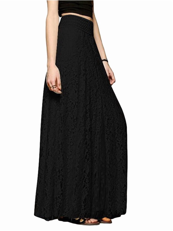 Women Elegant Solid Hollow Floral Lace Smocked High Waist Flowy A Line Swing Maxi Long Skirt