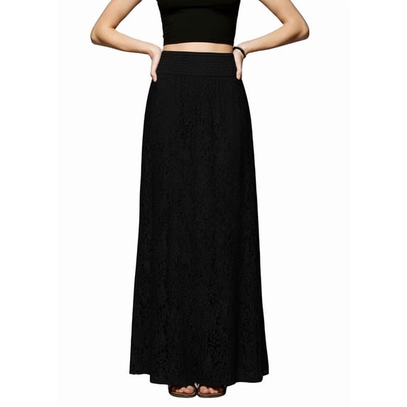 Women Elegant Solid Hollow Floral Lace Smocked High Waist Flowy A Line Swing Maxi Long Skirt