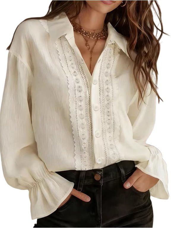 Women Elegant Solid Lace Collared Long Sleeve Button Shirts Business Work Tops Casual Loose Blouse Color S