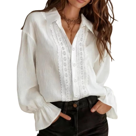 Women Elegant Solid Lace Collared Long Sleeve Button Shirts Business Work Tops Casual Loose Blouse White XXL