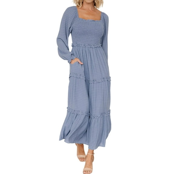 Women Elegant Square Neck Long Sleeve Ruffle Spring Fall High Waist Skinny Pleated Maxi Dress with Pockets Light Blue L