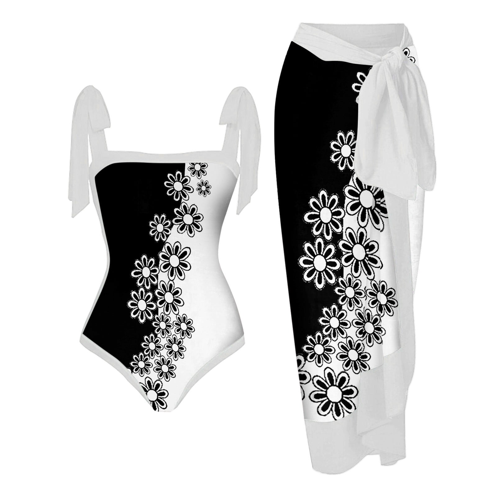 Women Elegant Swimsuits Maxi Wrap Skirts Floral Print Tankini Set Cute Open Back One Piece