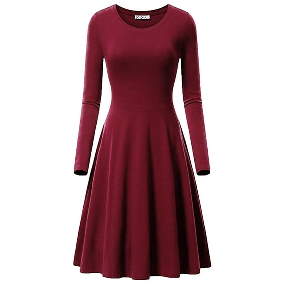 Women Elegant Temperament Solid Color Round Neck Long Sleeved Dress(Wine,2XL)