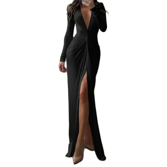Women Elegant Twist Front Cocktail Dress Long Sleeve Deep V Neck Bodycon Long Dress for Party