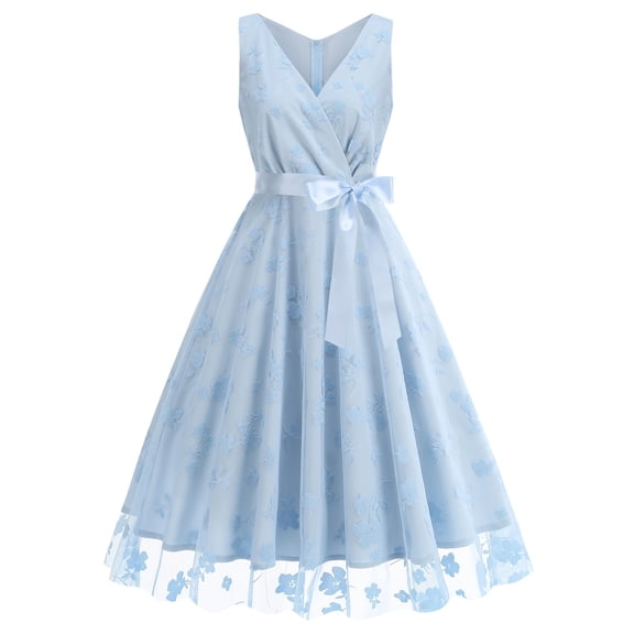 Women Elegant V Neck Lace Peasant Sleeves Summer Dress High Waist A Line Casual Spring Wedding Mini Dress Light Blue XL