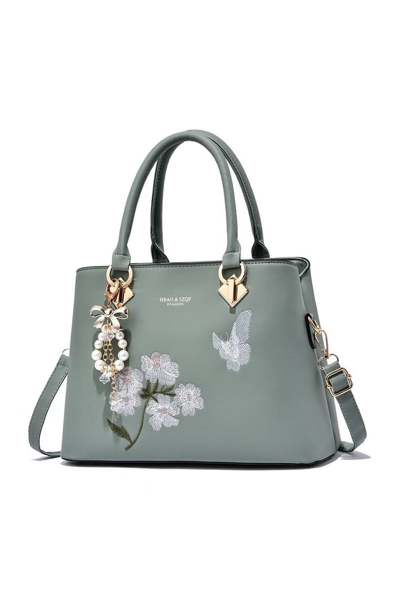 Women Elegant Vegan Leather Hand Bags Emborided Thread Sowing Floral Pattern Shoulder Bag Ladies Solid Handbag