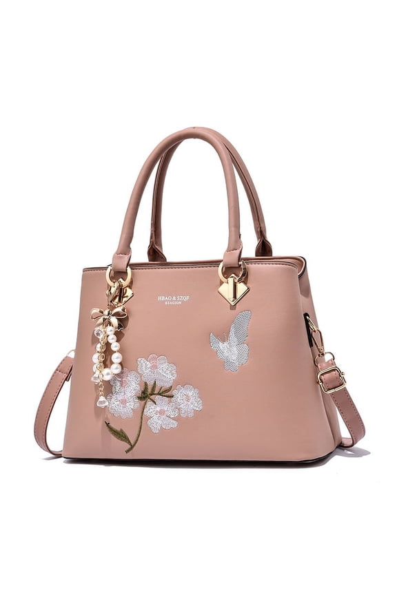Women Elegant Vegan Leather Hand Bags Emborided Thread Sowing Floral Pattern Shoulder Bag Ladies Solid Handbag