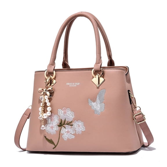 Women Elegant Vegan Leather Hand Bags Emborided Thread Sowing Floral Pattern Shoulder Bag Ladies Solid Handbag