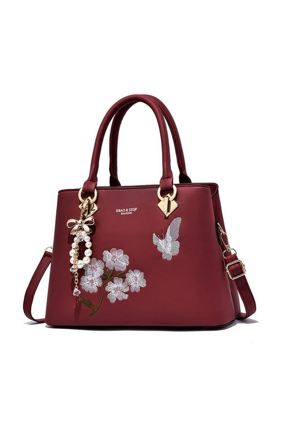 Women Elegant Vegan Leather Hand Bags Emborided Thread Sowing Floral Pattern Shoulder Bag Ladies Solid Handbag