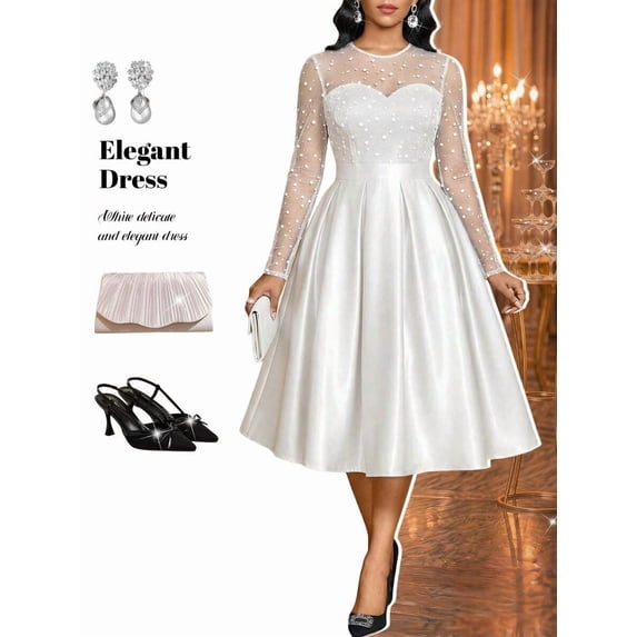 Women Elegant White Satin Midi Dress With Crystal Embellished Mesh Long