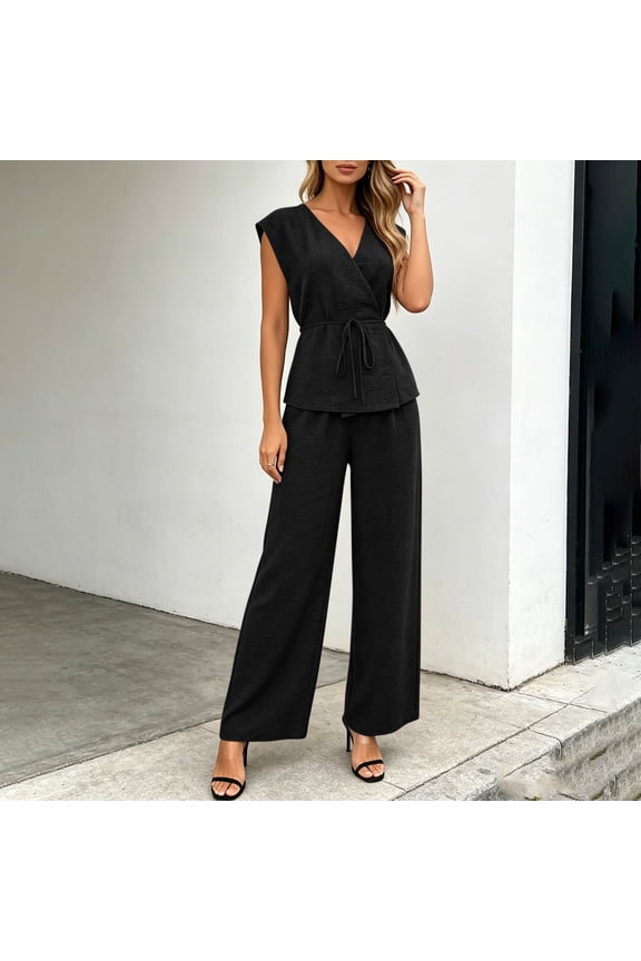 Women Elegant Work Outfits Summer Sleeveless Wrap Top with Drawstring, Wide Leg Pants Set for Formal Business Party Wear Black M