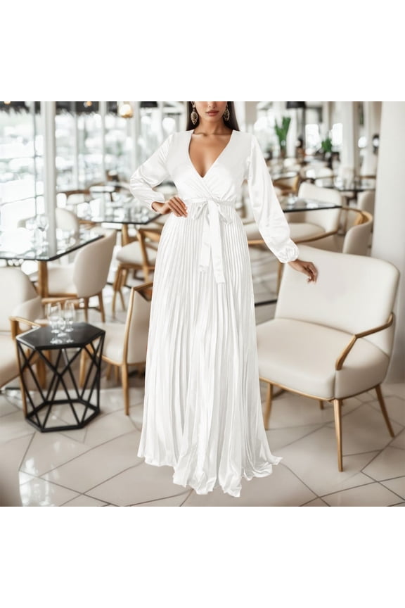 Women Elegant Wrap V Neck Sashes Waist Pleated Maxi Dress 2023 Autumn Winter Big Swing Casual Solid Long Sleeve Dress Short for Women Casual Maxi Dresses for Women Summer Long Beach Dresses for Women