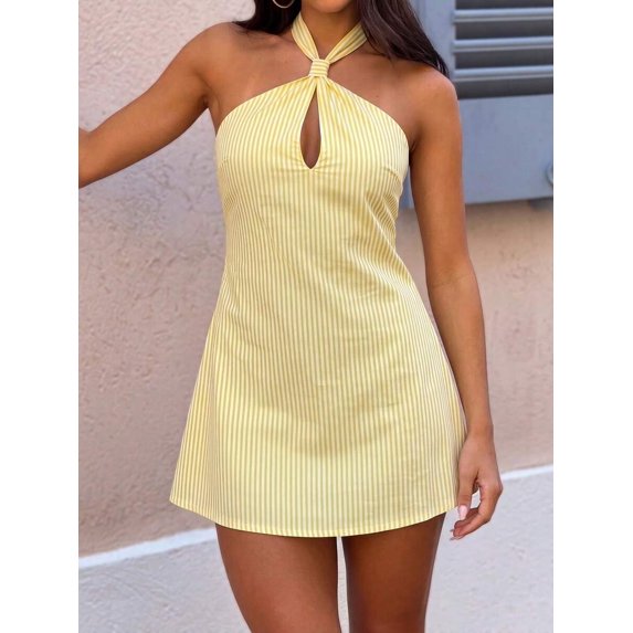 Women Elegant Yellow Striped Halter Mini Dress, Hollow Out A-Line Backless Summer Dress, Fashion Outfit for Vacation, Casual Party and Leisure Occasions