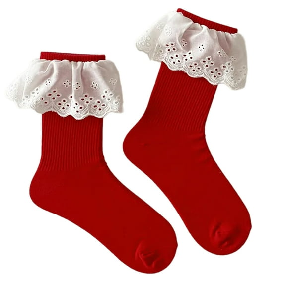 Women Elegnat Ribbed Cotton Socks Ruffled Lace Trimmed Candy Color Crew Socks