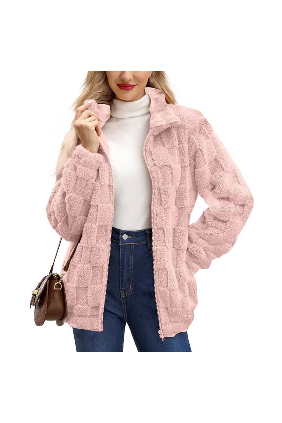 Women Embossed Grid Zip Up Jacket Stand Collar Loose Plush Teddy Coats