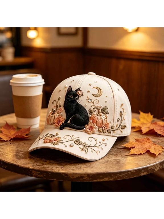 Women Embroidered Baseball Cap, Halloween Elements Adjustable Cotton Hat with Witch Ghost Pumpkin Bat Pattern for Fall Daily Casual Party Fashion Accessory
