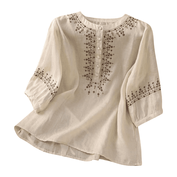 Women Embroidered Cotton Linen Shirts Boho Tunic Top Dressy Floral Blouses Boho Ethnic Style Peasant Tee Loose Tunics Mexican Blouse