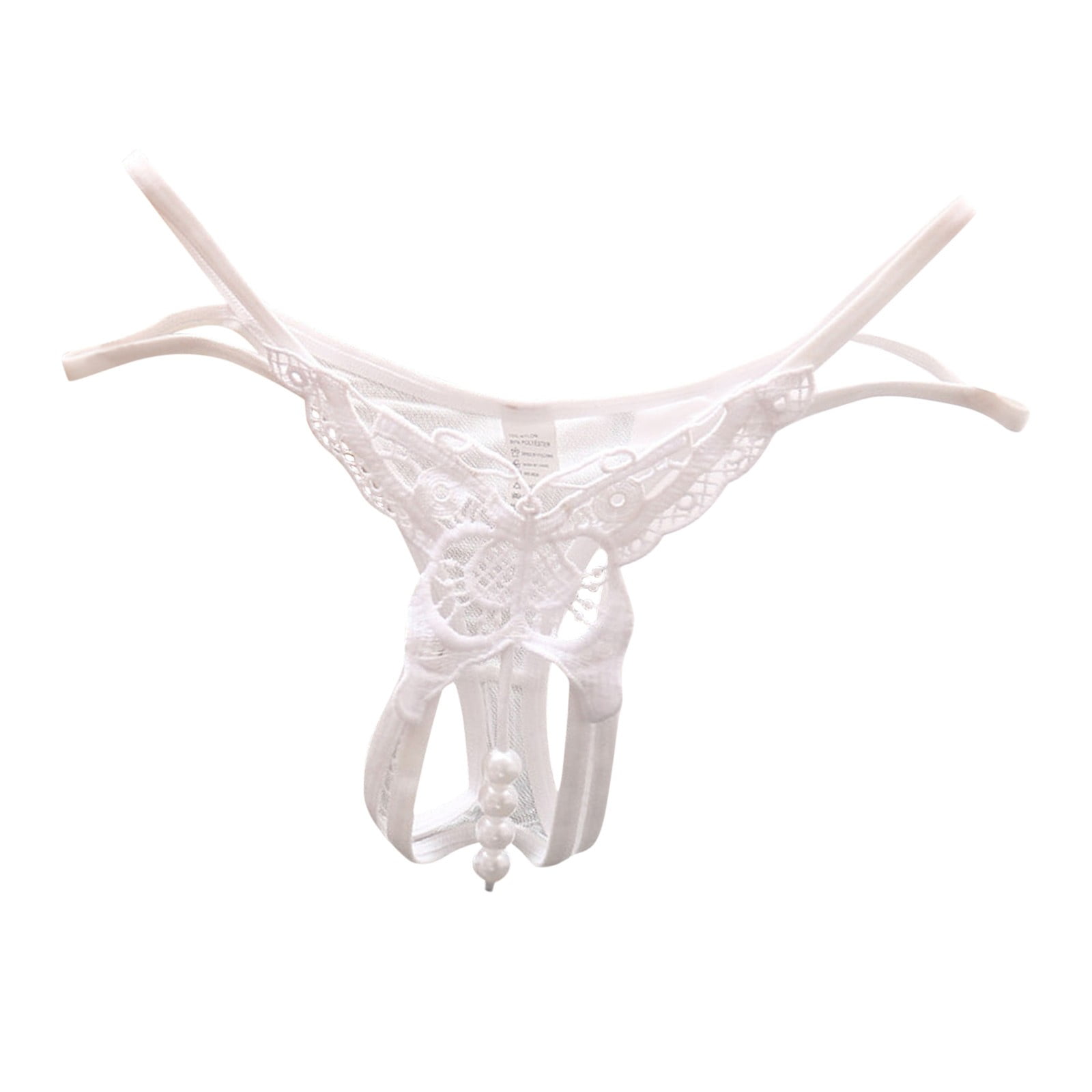 Women Embroidered Hollow Butterfly Cute Low Waist Underpants Open Cut Pearl Massage Thong Men