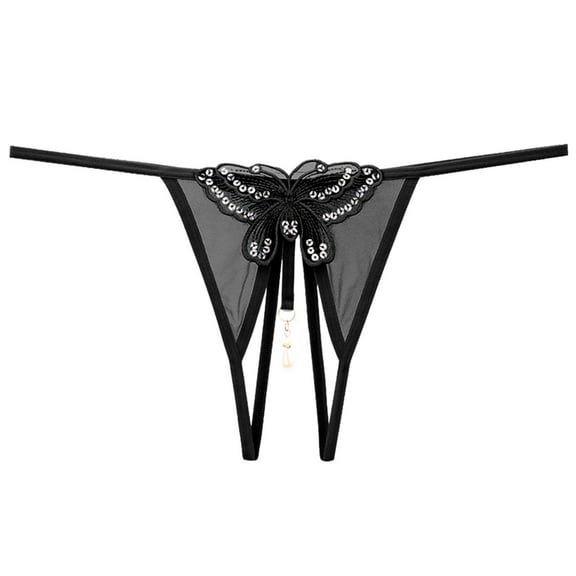 Women Embroidered Hollow Butterfly Sexy Low Waist Underpants Open Cut Pearl Massage Thong