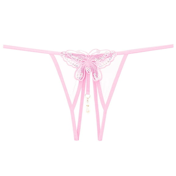 Women Embroidered Hollow Butterfly Sexy Low Waist Underpants Open Cut Pearl Massage Thong
