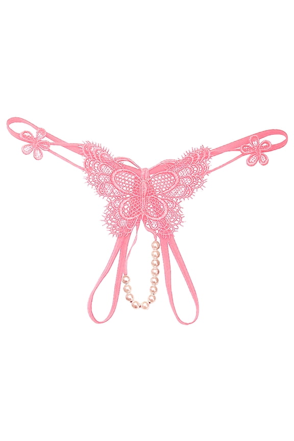 Women Embroidered Hollow Butterfly Sexy Low Waist Underpants Open Cut Pearl Massage Thong